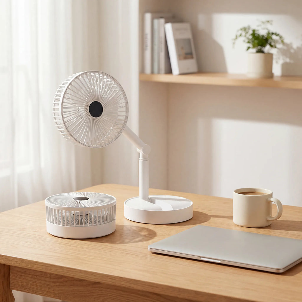 Rechargeable table fan on desk in warm home office lifestyle scene