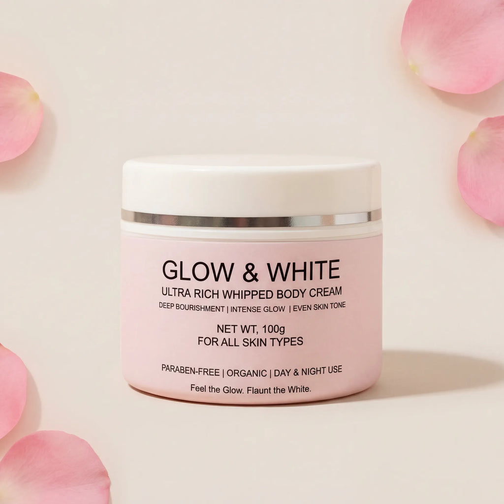 Glow and White body cream pack on clean light studio background