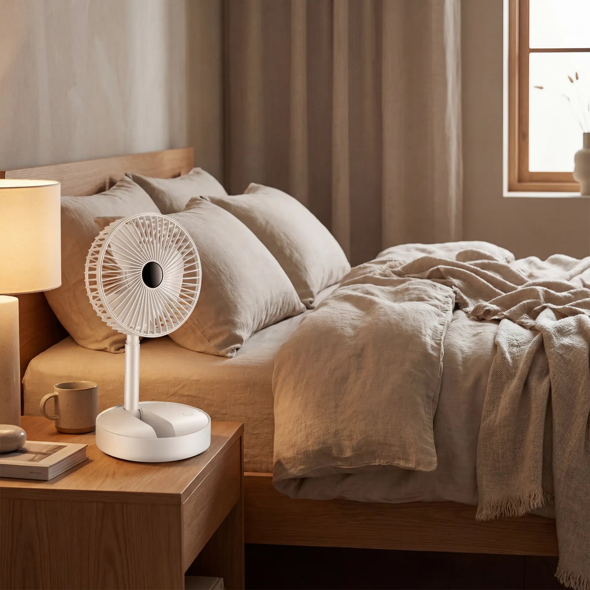 Rechargeable table fan on bedside table in warm minimal bedroom