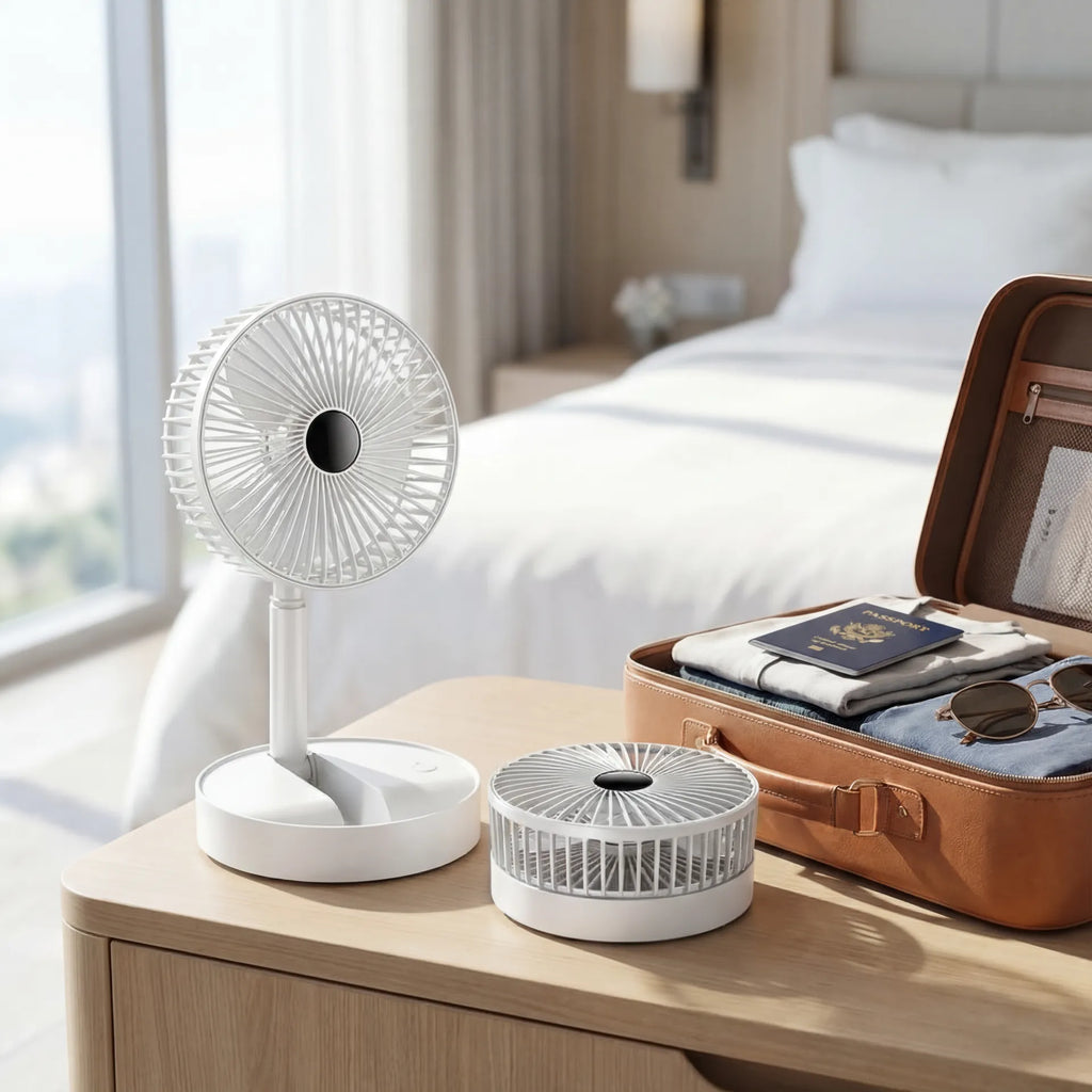 Rechargeable table fan in travel lifestyle scene beside open suitcase