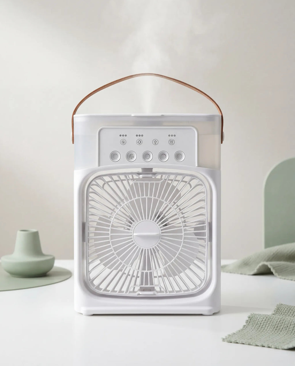 USB mist fan on clean light studio background